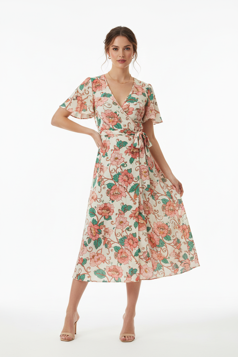 Floral Wrap Midi Dress - Front View