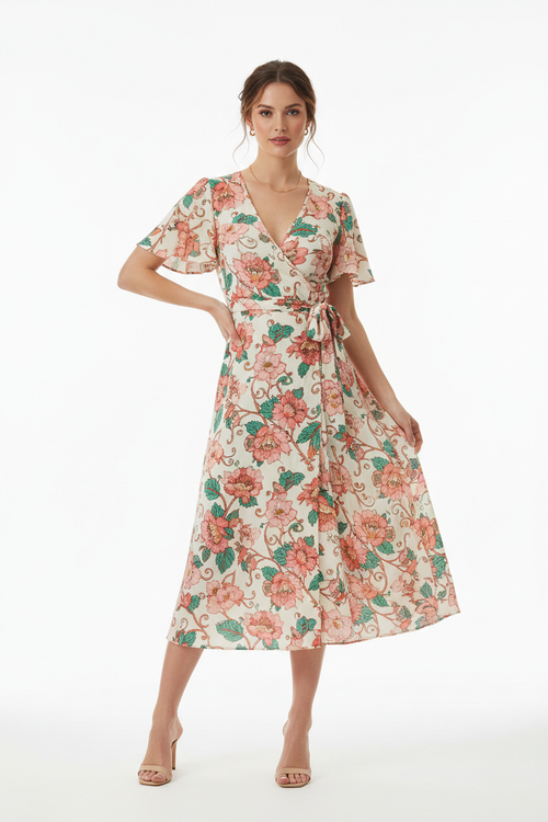 Floral Wrap Midi Dress - Front View
