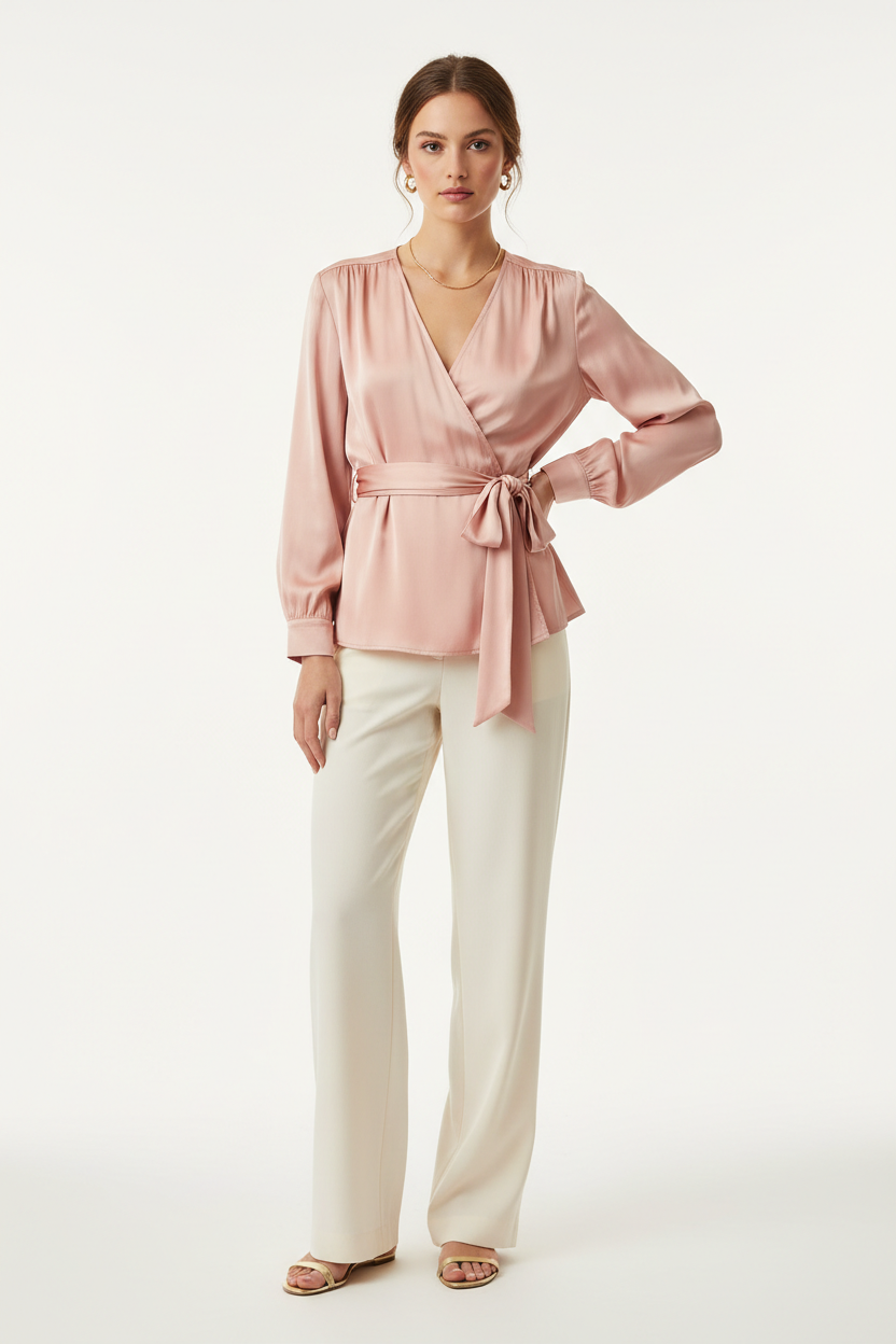 Silk Satin Wrap Blouse - Front View