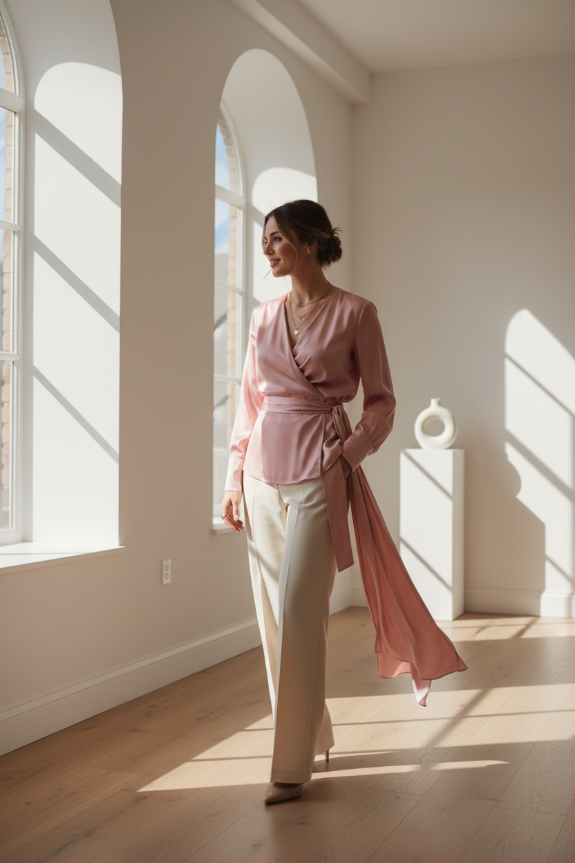 Silk Satin Wrap Blouse - Lifestyle Shot